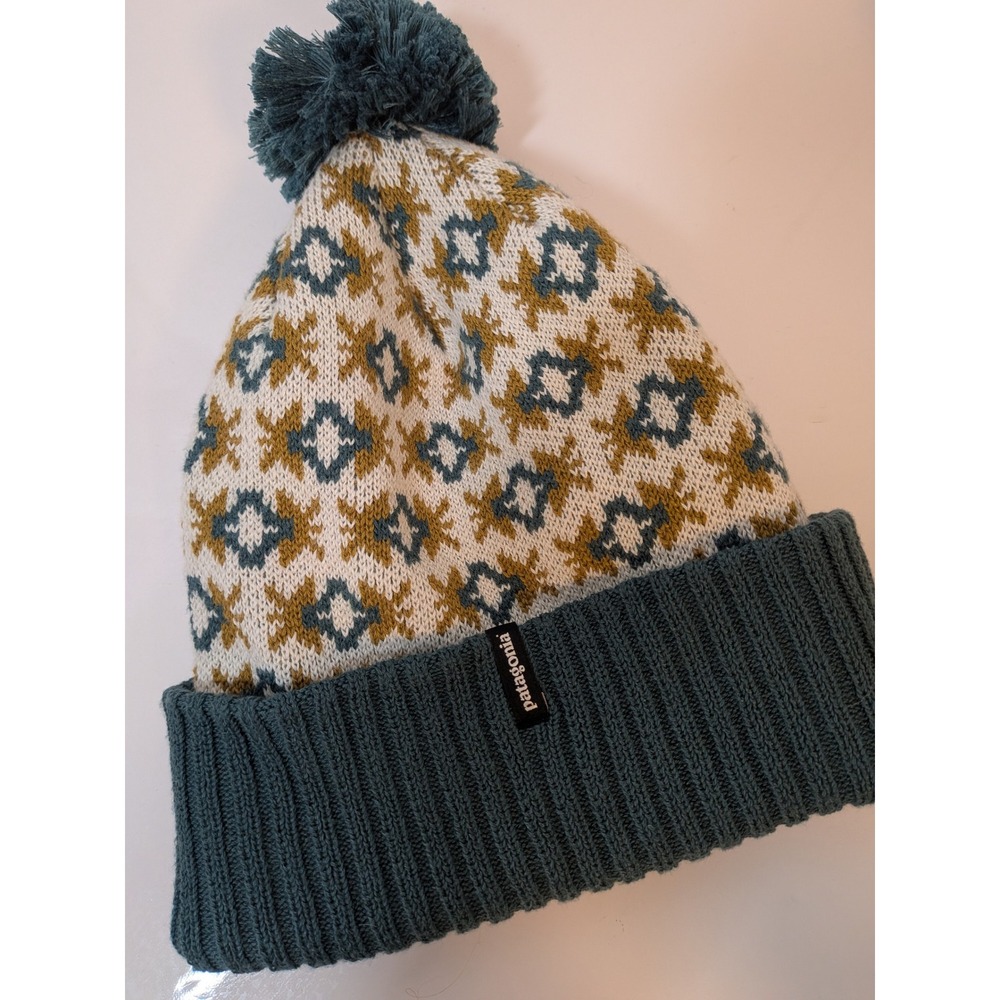 Patagonia Powder Town Beanie Recycled Knit Pom Hat Teal Gold Fair Isle